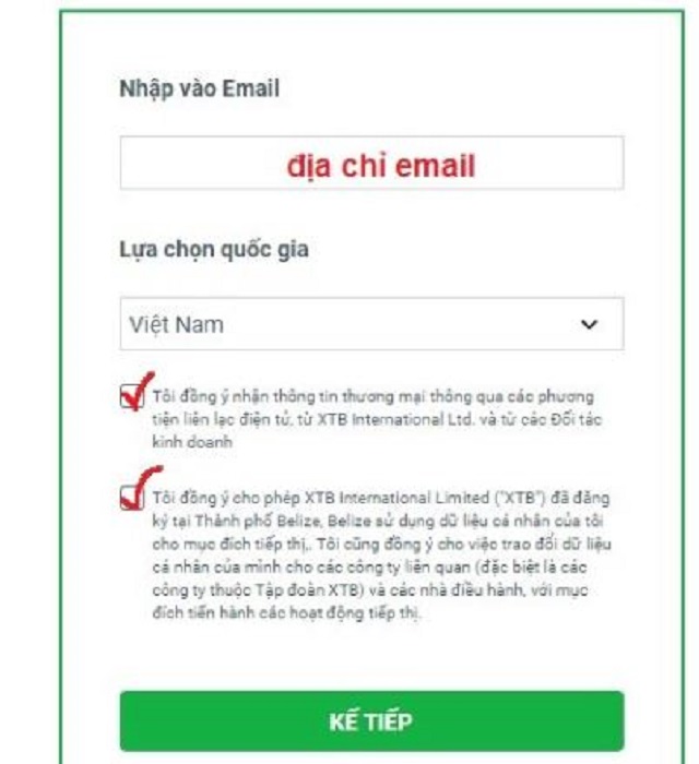 Nhập địa chỉ email muốn đăng ký tài khoản, lựa chọn quốc gia Việt Nam
