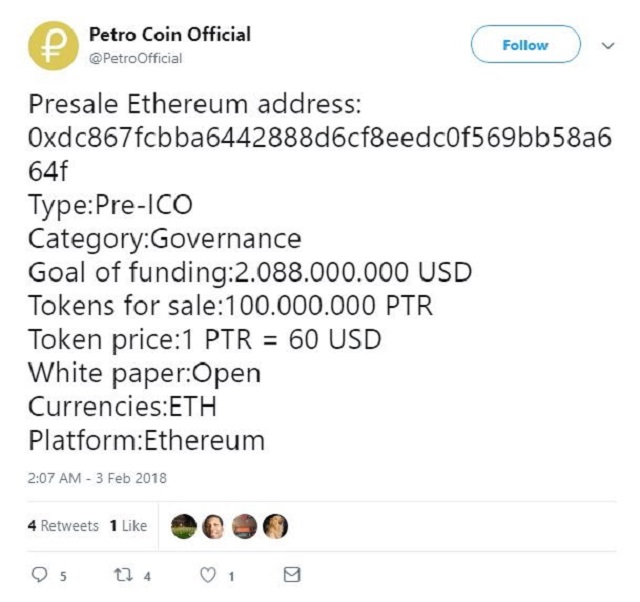 Tài khoản của Petro Coin trên Twitter:  @blockchain_ve