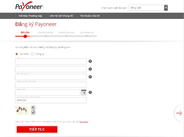 Truy cập trang chủ Payoneer chọn Sign Up