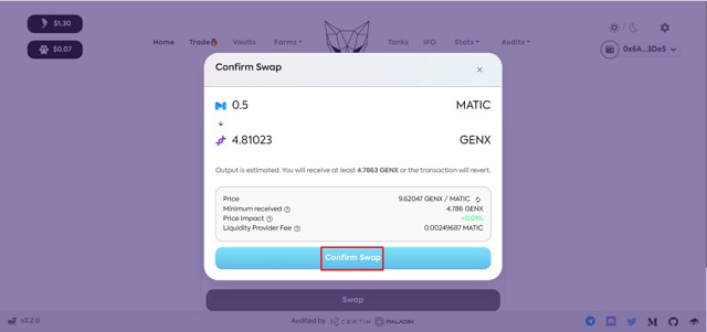 Xác nhận giao dịch thực hiện ở nút “Confirm Swap”