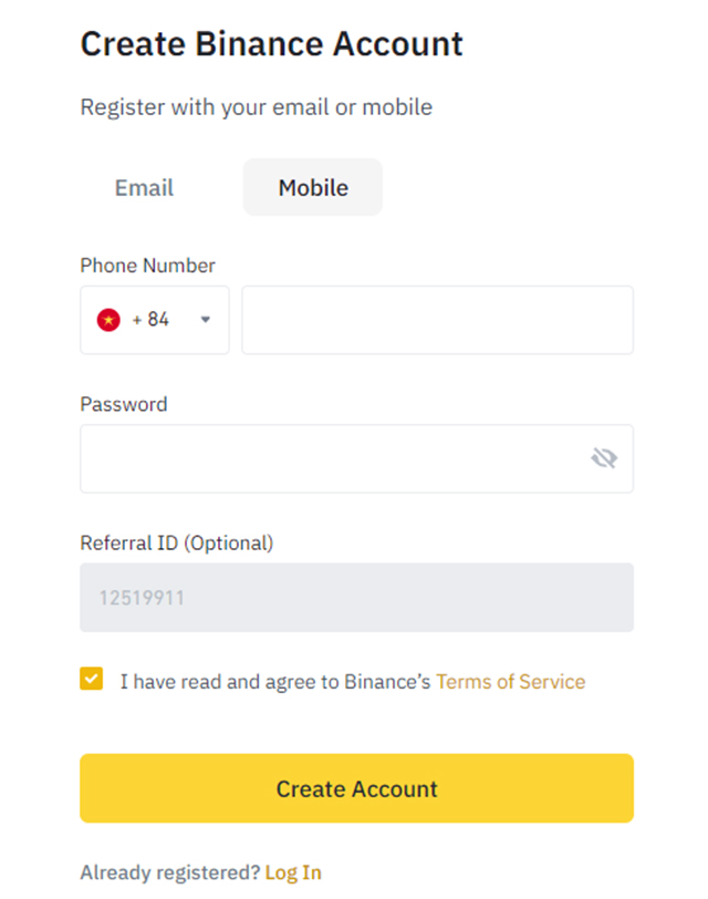 Chọn đăng ký tài khoản Binance bằng số điện thoại